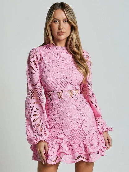 Pink - Red crochet lace mini dress with high neckline, long bell sleeves, waist cutouts, and a tiered ruffle skirt.