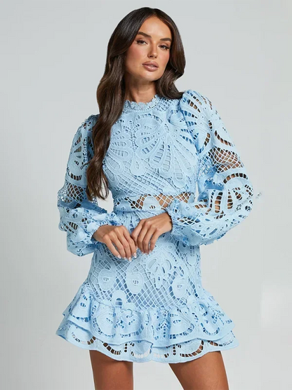 Blue - Red crochet lace mini dress with high neckline, long bell sleeves, waist cutouts, and a tiered ruffle skirt.