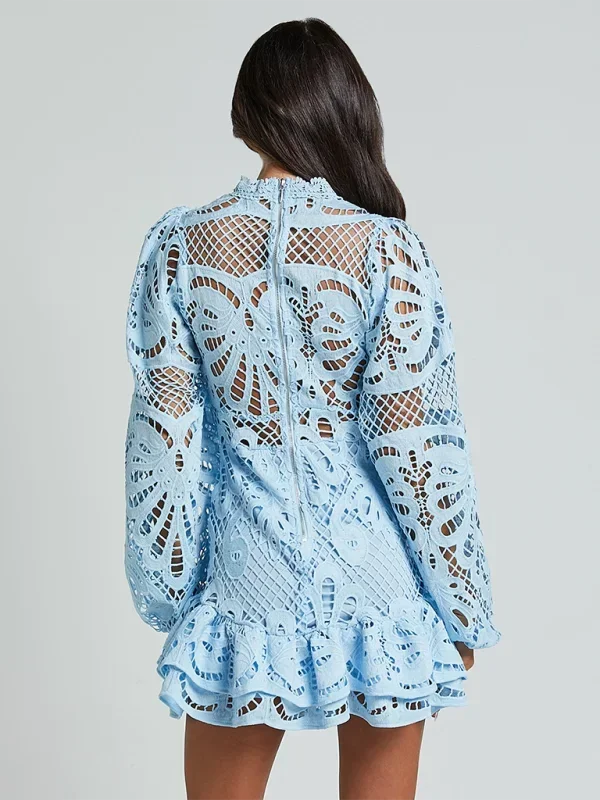 Blue - Red crochet lace mini dress with high neckline, long bell sleeves, waist cutouts, and a tiered ruffle skirt.