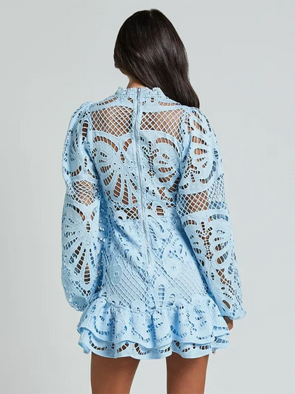 Blue - Red crochet lace mini dress with high neckline, long bell sleeves, waist cutouts, and a tiered ruffle skirt.