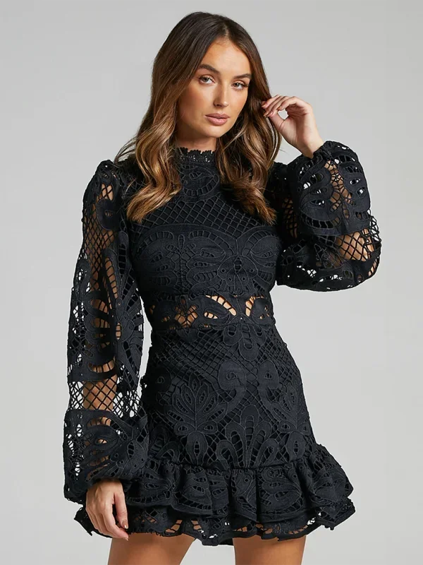 Black - Red crochet lace mini dress with high neckline, long bell sleeves, waist cutouts, and a tiered ruffle skirt.