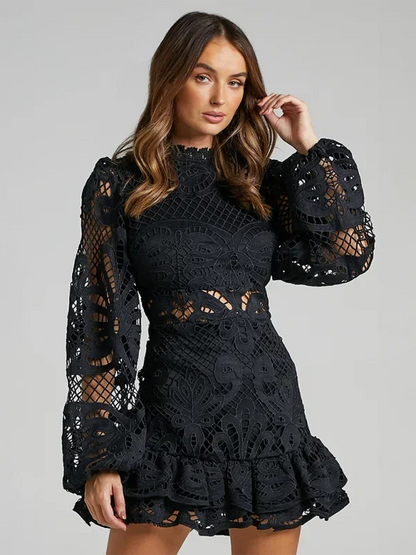 Black - Red crochet lace mini dress with high neckline, long bell sleeves, waist cutouts, and a tiered ruffle skirt.