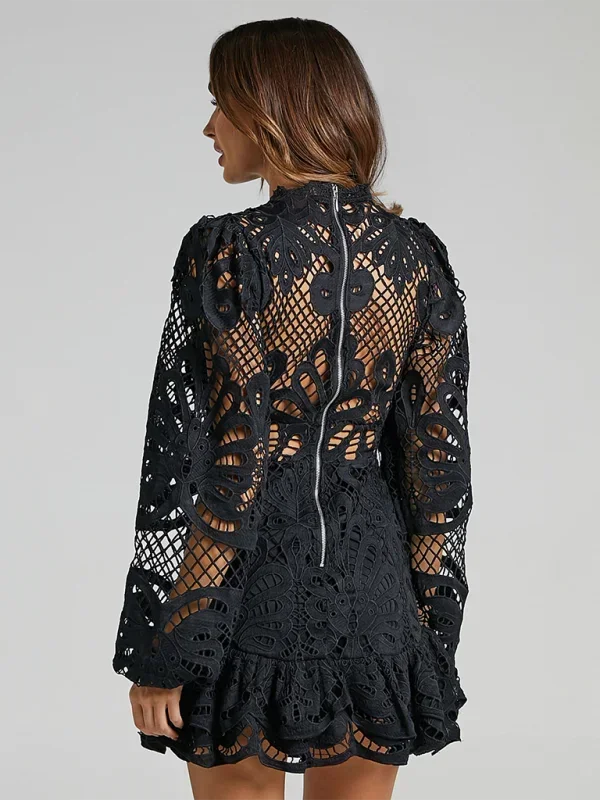 Black - Red crochet lace mini dress with high neckline, long bell sleeves, waist cutouts, and a tiered ruffle skirt.