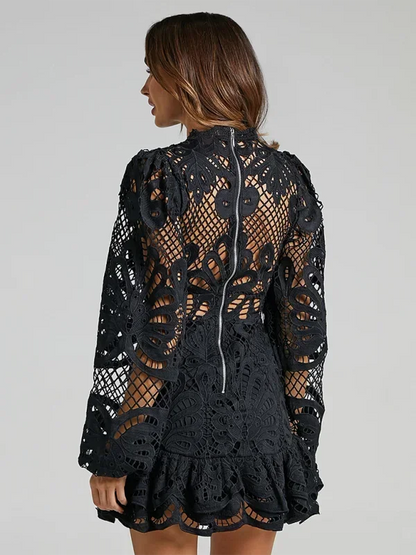 Black - Red crochet lace mini dress with high neckline, long bell sleeves, waist cutouts, and a tiered ruffle skirt.