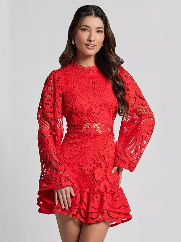 Red - Red crochet lace mini dress with high neckline, long bell sleeves, waist cutouts, and a tiered ruffle skirt.