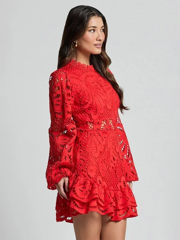Red - Red crochet lace mini dress with high neckline, long bell sleeves, waist cutouts, and a tiered ruffle skirt.