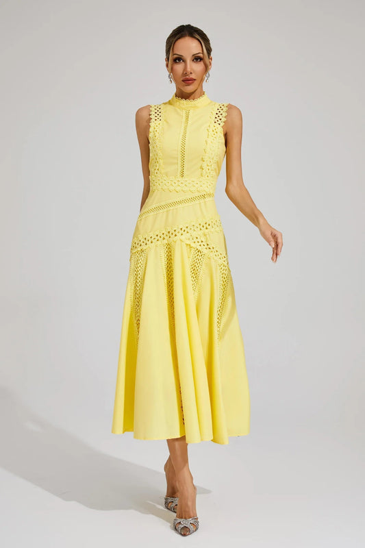 Yellow - Yellow sleeveless midi dress featuring a high neckline, intricate crochet lace paneling, and a flowing A-line skirt with vertical lace inserts.