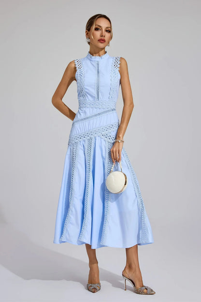 Blue - Yellow sleeveless midi dress featuring a high neckline, intricate crochet lace paneling, and a flowing A-line skirt with vertical lace inserts.