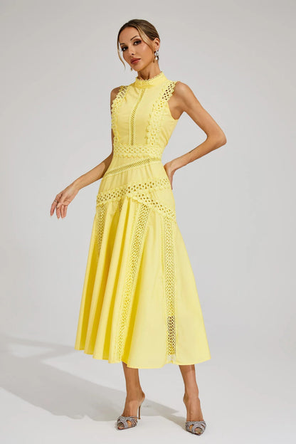 Blue - Yellow sleeveless midi dress featuring a high neckline, intricate crochet lace paneling, and a flowing A-line skirt with vertical lace inserts.