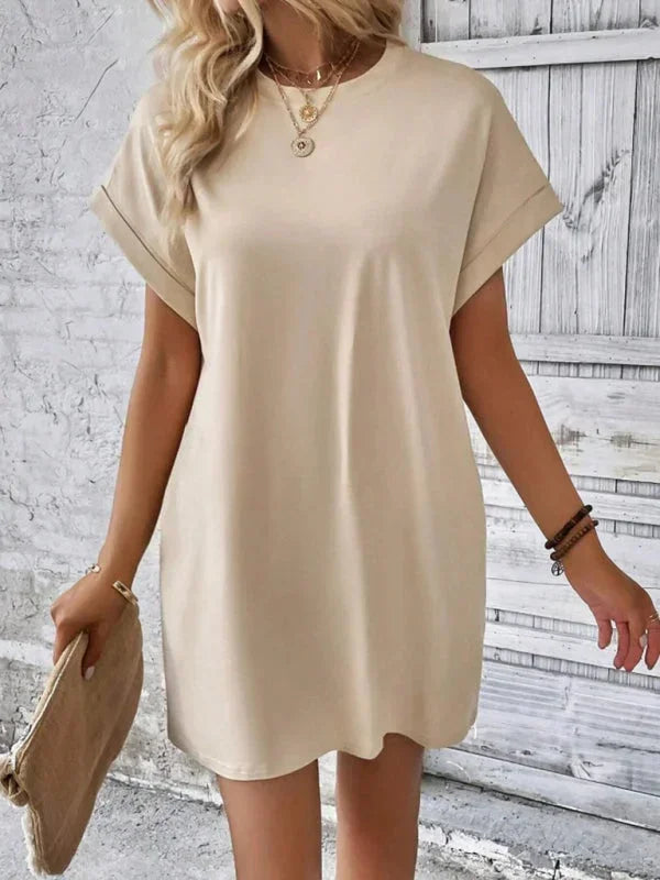 Khaki - Solid red short-sleeve shift mini dress featuring a crew neckline, rolled cuffs, and side seam pockets.