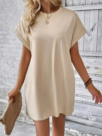 Khaki - Solid red short-sleeve shift mini dress featuring a crew neckline, rolled cuffs, and side seam pockets.