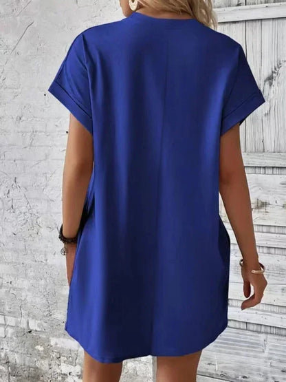 Blue - Solid red short-sleeve shift mini dress featuring a crew neckline, rolled cuffs, and side seam pockets.