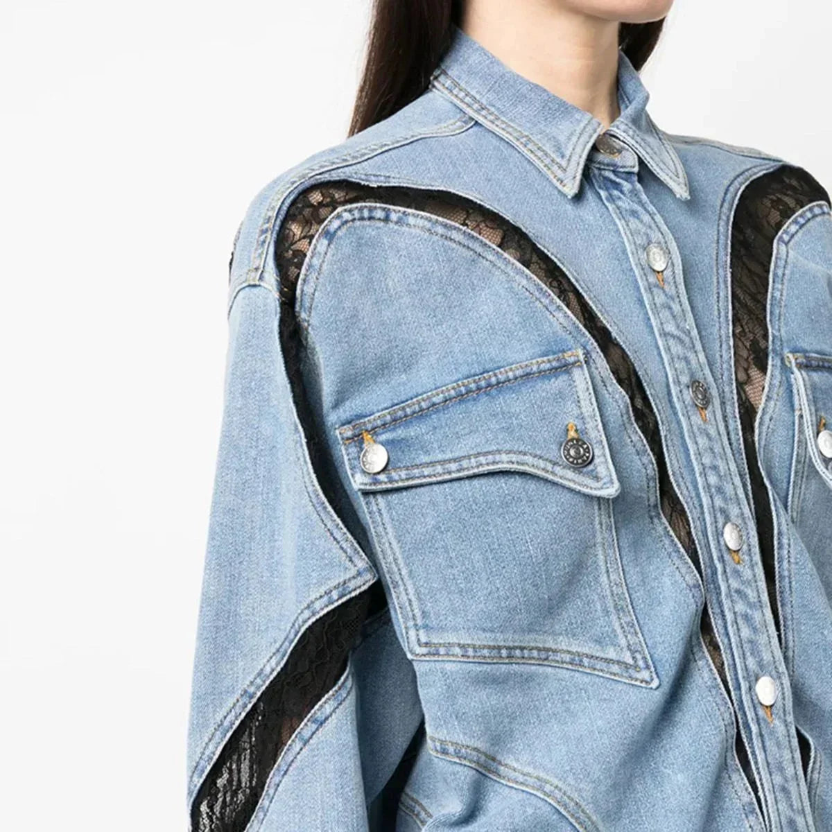 Denim Lace Paneled Oversized Mini Shirt Dress – Merisell