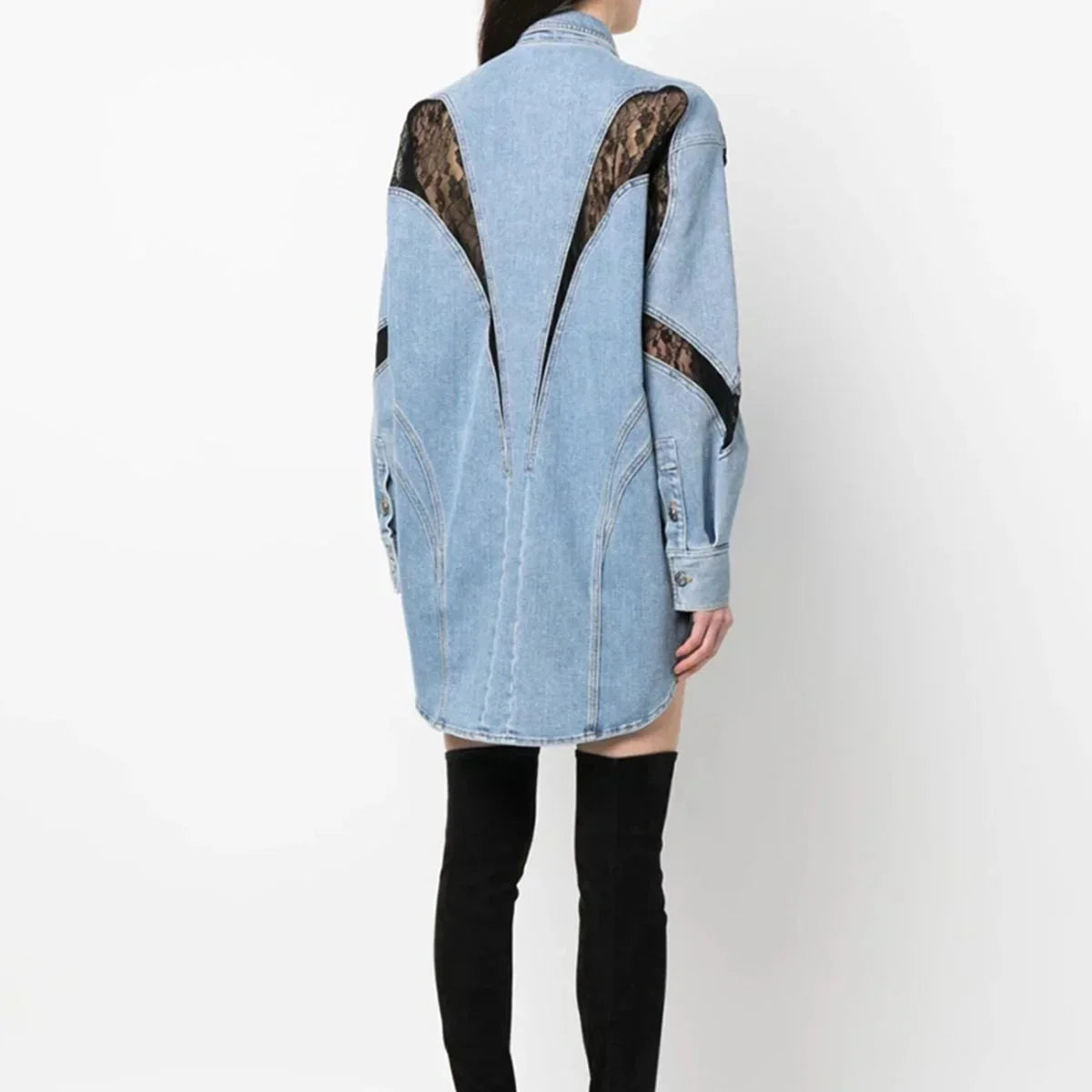 Denim Lace Paneled Oversized Mini Shirt Dress – Merisell
