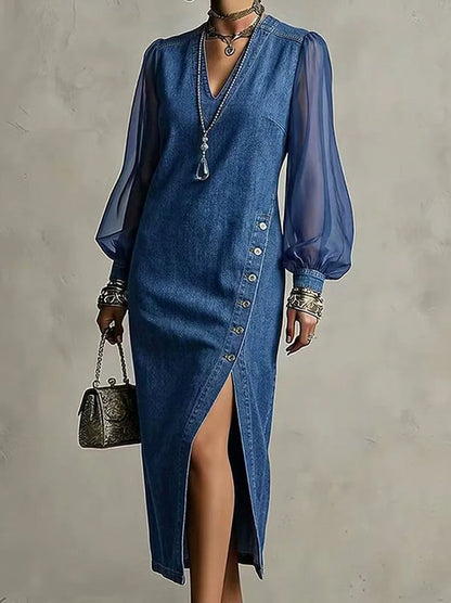 Denim Mesh Sleeve Midi Dress