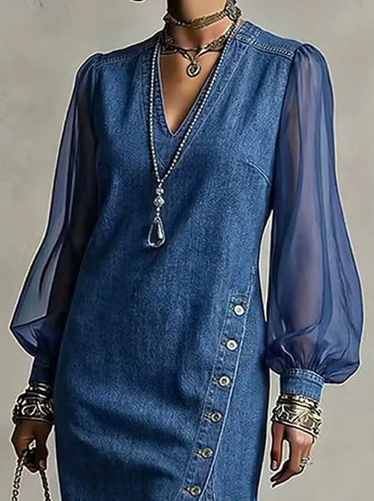 Denim Mesh Sleeve Midi Dress