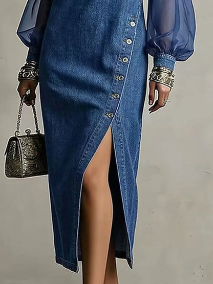 Denim Mesh Sleeve Midi Dress