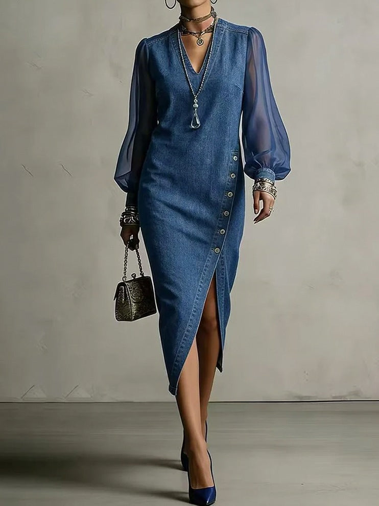 Denim Mesh Sleeve Midi Dress