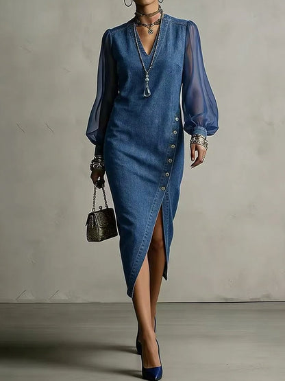 Denim Mesh Sleeve Midi Dress