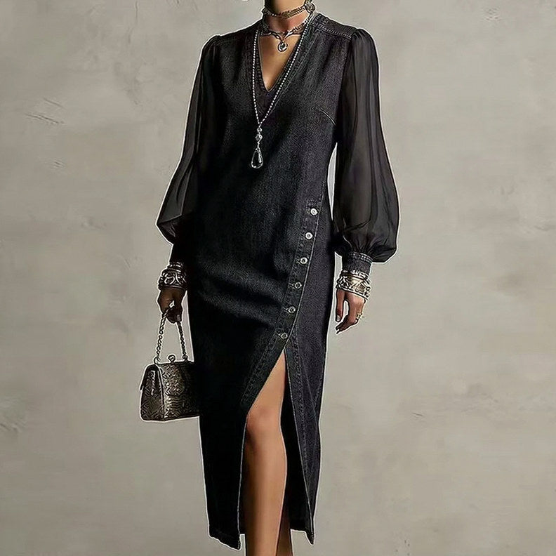Denim Mesh Sleeve Midi Dress