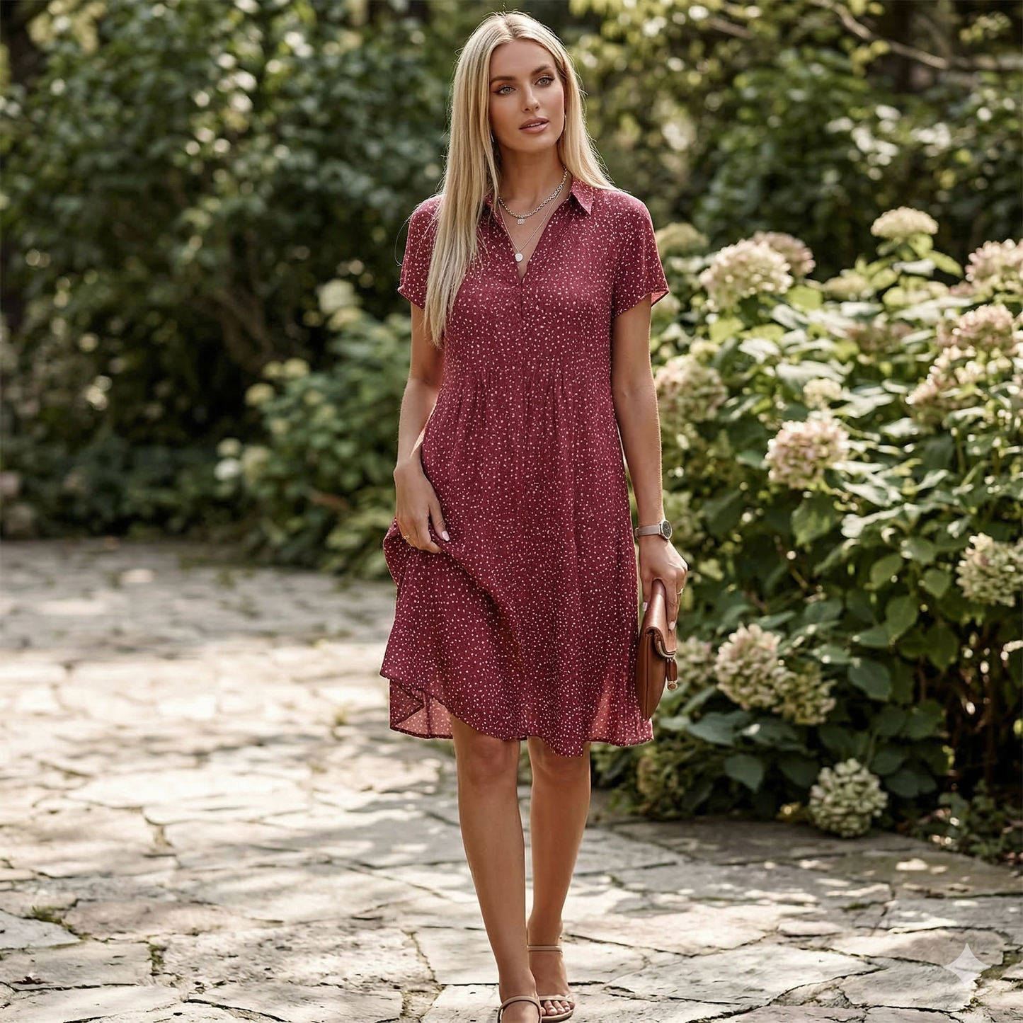 Red - A woman walking outdoors wearing a rust-colored, short-sleeve shirt dress with a white micro-dot pattern, featuring a collar, V-neckline, and a gathered waist.