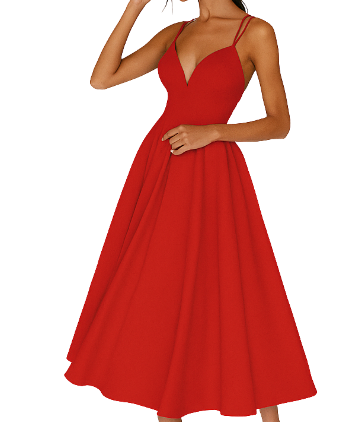 Red - A woman wearing a structured white textured crepe midi dress with double spaghetti straps, a sweetheart neckline, and a flared A-line skirt.