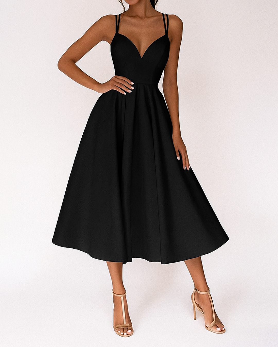 Black - A woman wearing a structured white textured crepe midi dress with double spaghetti straps, a sweetheart neckline, and a flared A-line skirt.