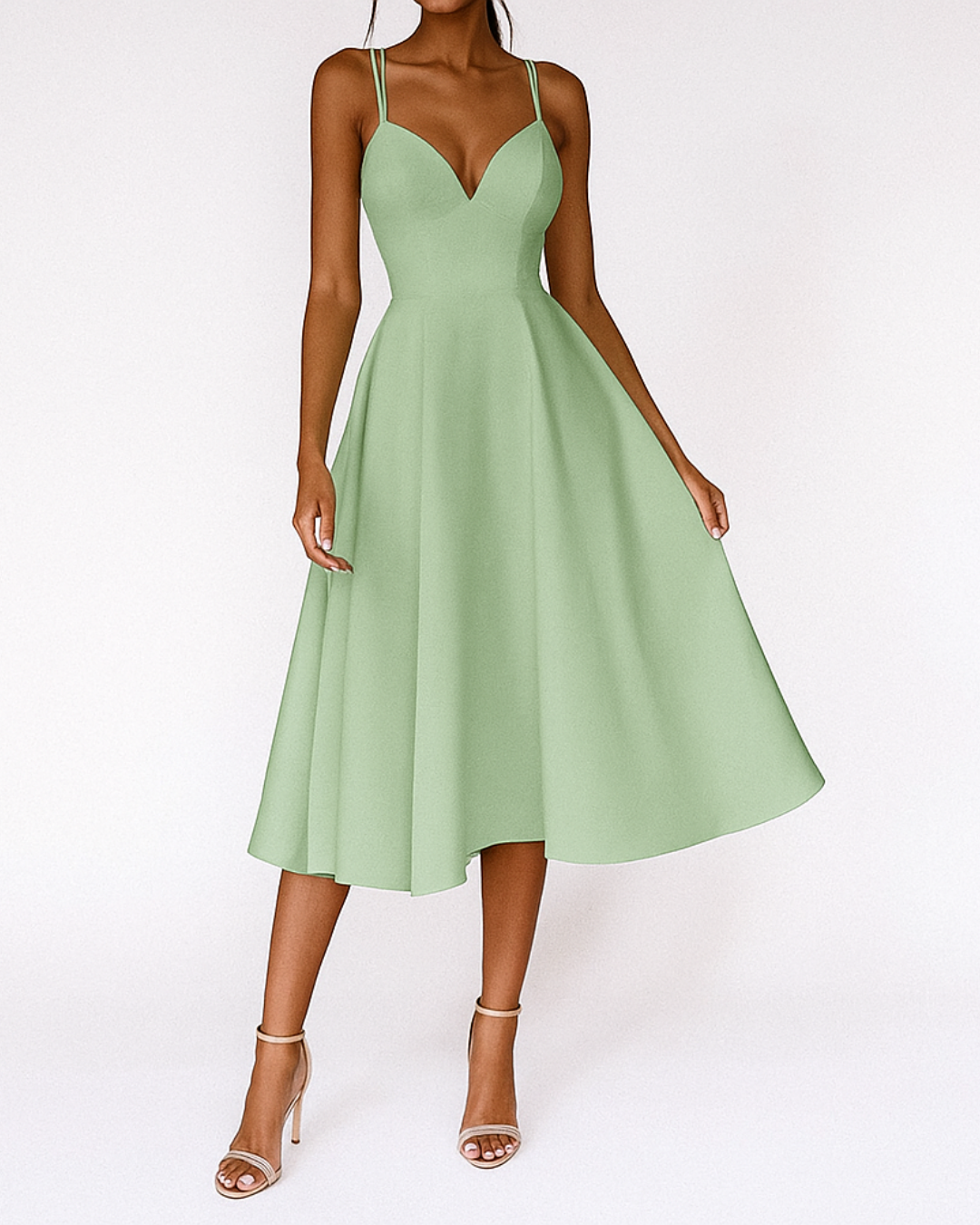 Green - A woman wearing a structured white textured crepe midi dress with double spaghetti straps, a sweetheart neckline, and a flared A-line skirt.