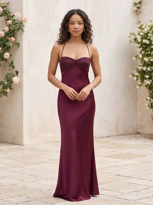 Beaded Bust Halter Slip Maxi Dress