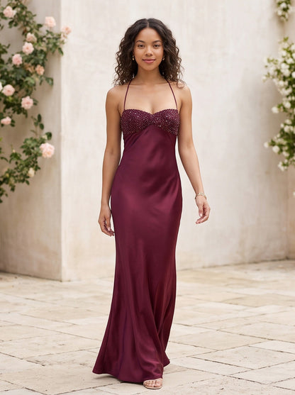 Beaded Bust Halter Slip Maxi Dress