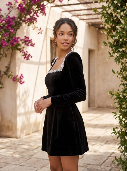 Embellished Square Neck Velvet Mini Dress