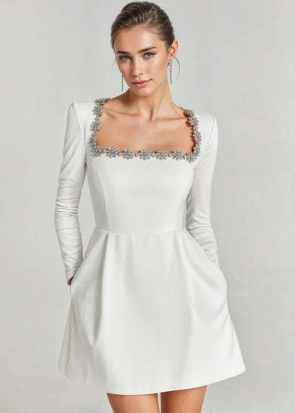 Embellished Square Neck Velvet Mini Dress