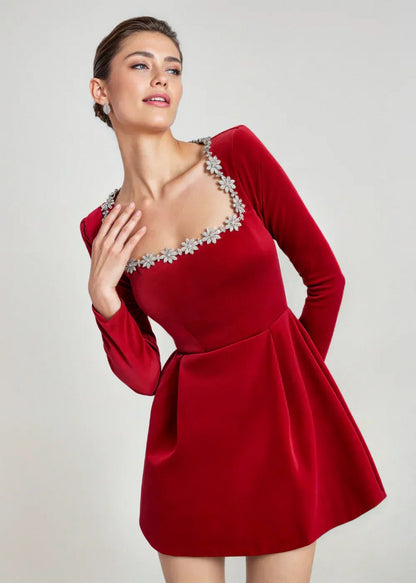 Embellished Square Neck Velvet Mini Dress