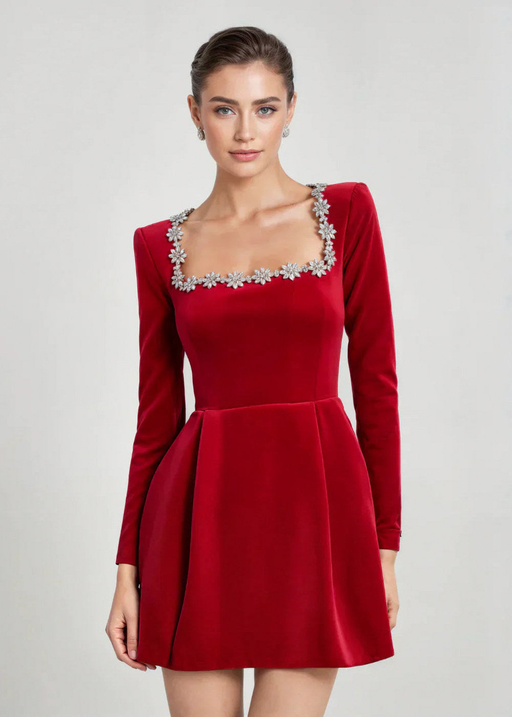 Embellished Square Neck Velvet Mini Dress