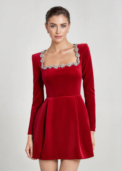 Embellished Square Neck Velvet Mini Dress