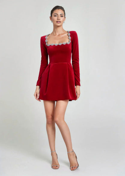 Embellished Square Neck Velvet Mini Dress