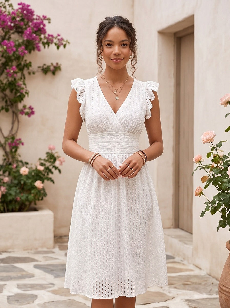 Eyelet Cap Sleeve Midi Dress