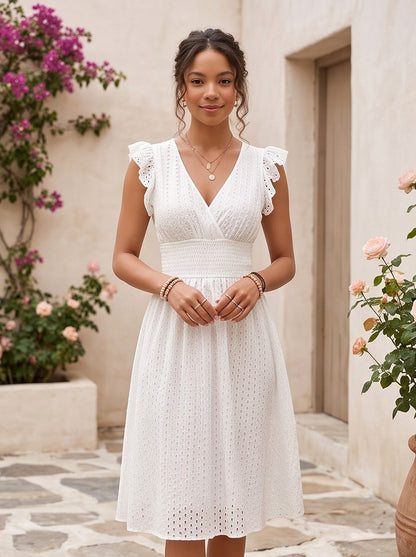 Eyelet Cap Sleeve Midi Dress
