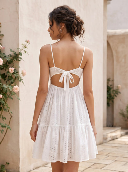 Eyelet Cutout Tiered Mini Dress