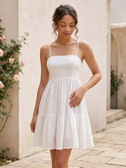 Eyelet Cutout Tiered Mini Dress