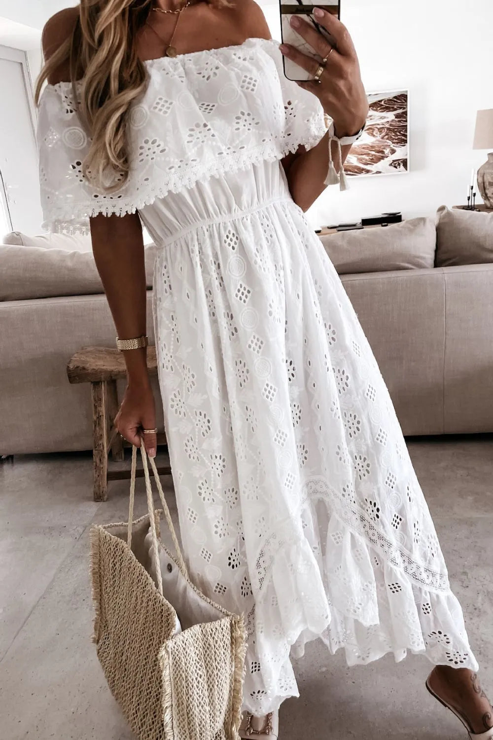 Eyelet Off-the-Shoulder Tiered Maxi Dress – Merisell
