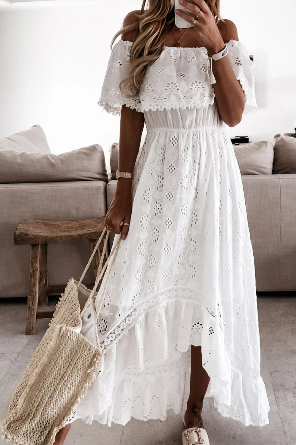 Eyelet Off-the-Shoulder Tiered Maxi Dress – Merisell