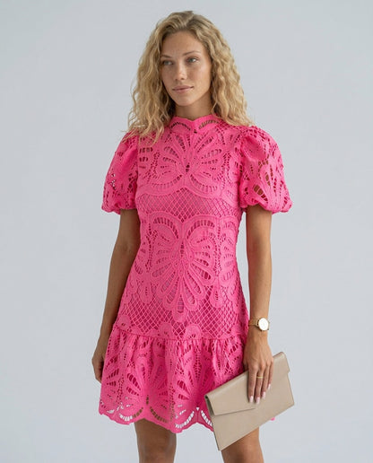 Eyelet Puff Sleeve Mini Dress