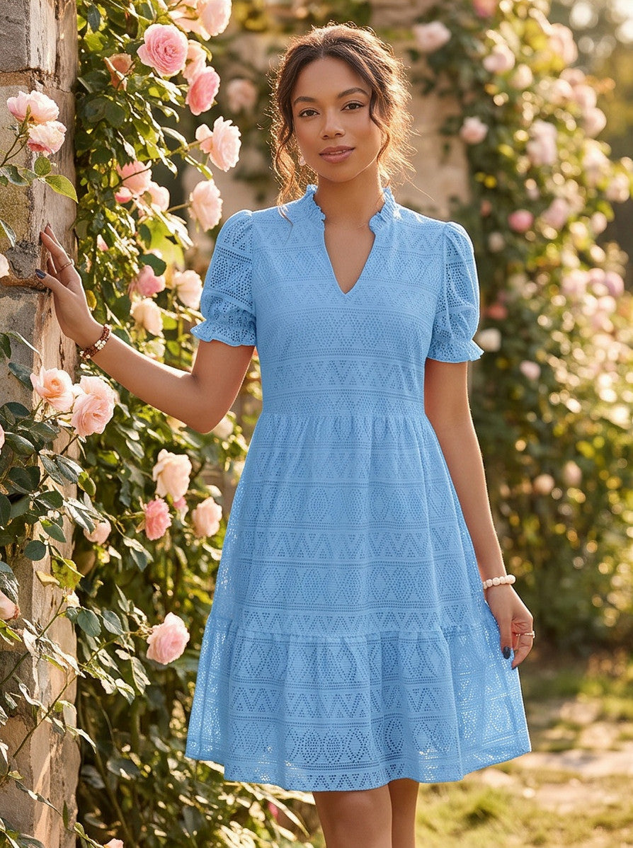 Eyelet Puff Sleeve Mini Dress