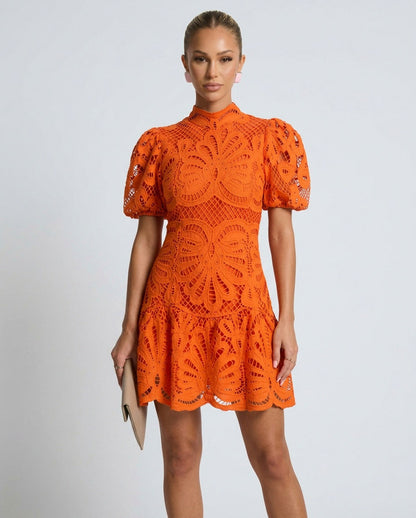 Eyelet Puff Sleeve Mini Dress