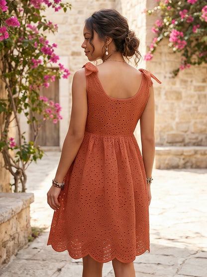 Eyelet Tie Shoulder Midi Dress