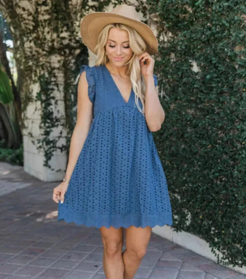 Dark blue - Black eyelet V-neck mini dress with flutter sleeves and a scalloped hem.