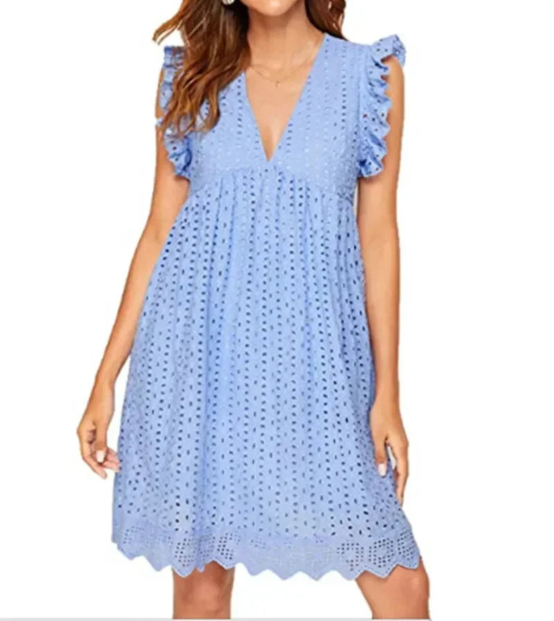 Light blue - Black eyelet V-neck mini dress with flutter sleeves and a scalloped hem.