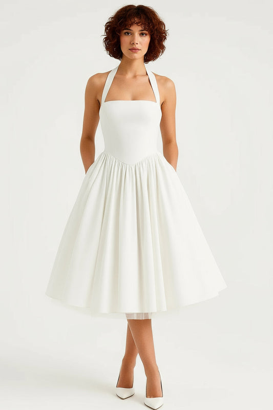 White - White faille midi dress featuring a halter neckline, structured basque waist, and a voluminous pleated A-line skirt with concealed pockets.