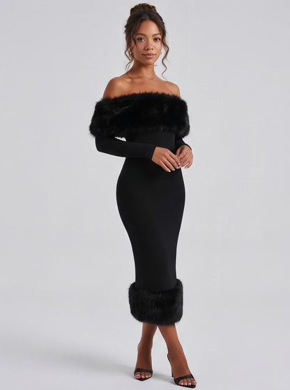 Faux Fur Long Sleeve Off Shoulder Midi Dress